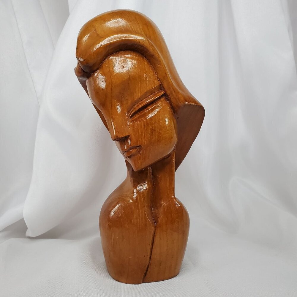 VTG Mid-Century Art Deco Carved Wood Women Female Bust Sculpture Handcrafted 8" - Picture 2 of 14